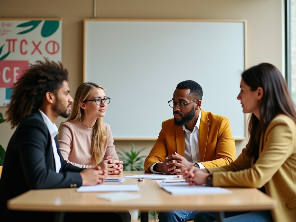 Four diverse professionals in a meeting, engaging in a discussion around a table in a well-lit office.