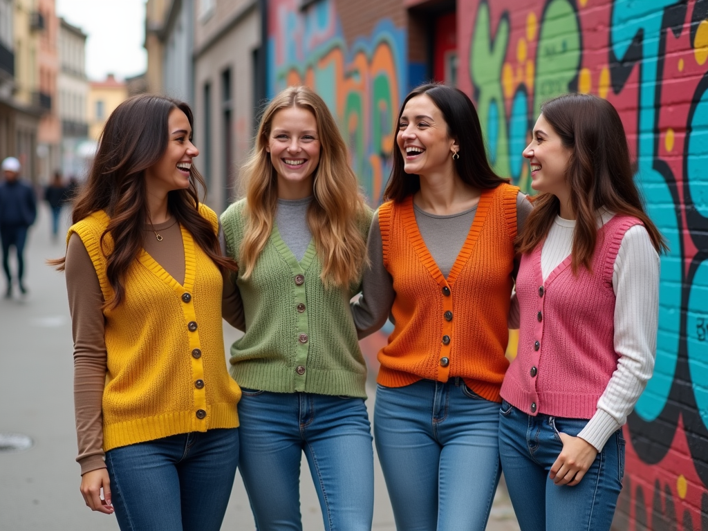 Four women laughing together in colorful sweaters on a graffiti-lined street.