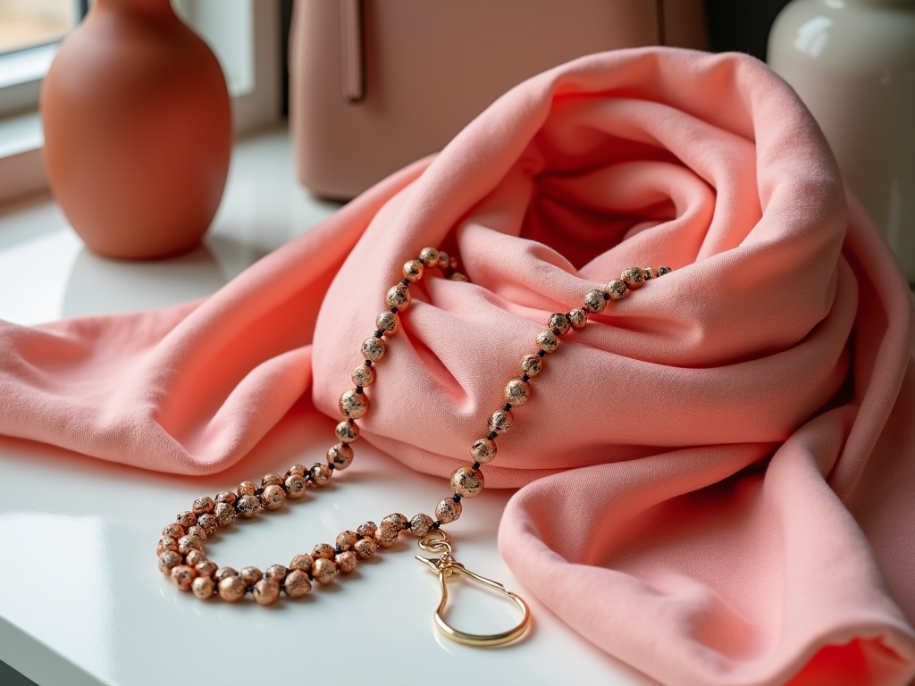 Elegant gold bead necklace on a pink scarf near a clay vase and bag on a white surface.