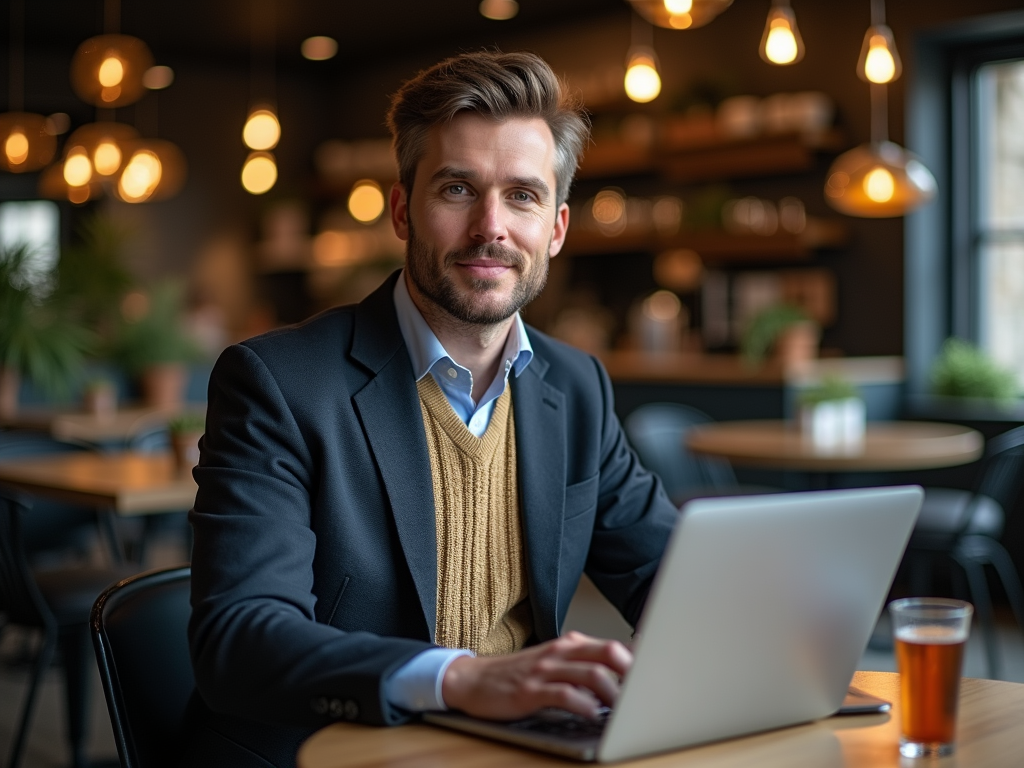 Man in suit and sweater at cafe table with laptop, smiling at camera.