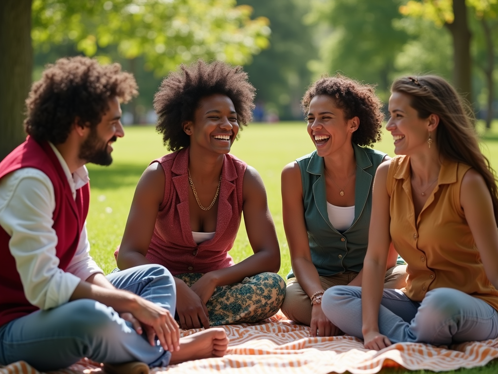 Two men and two women laughing and talking on a picnic blanket in a sunny park.