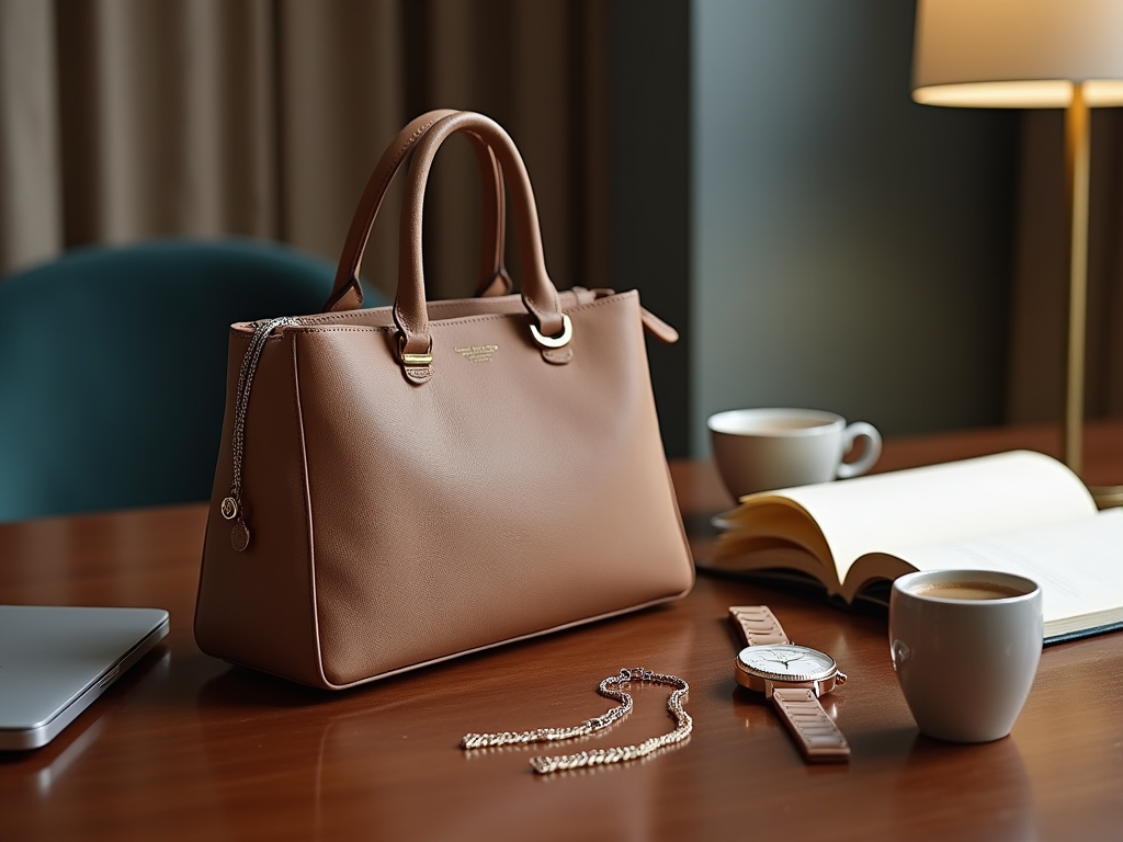 Elegant brown handbag on a table with a laptop, watch, necklace, and open book next to coffee cups.