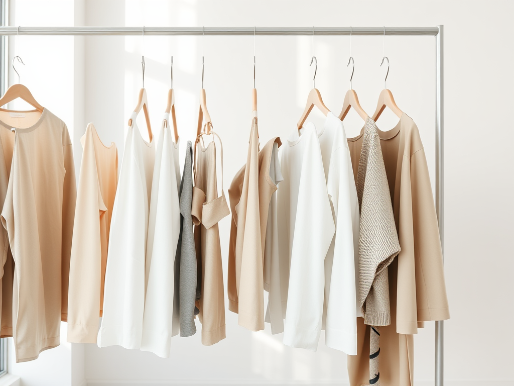 A clothing rack displays a variety of neutral-toned shirts and blouses in soft fabrics.
