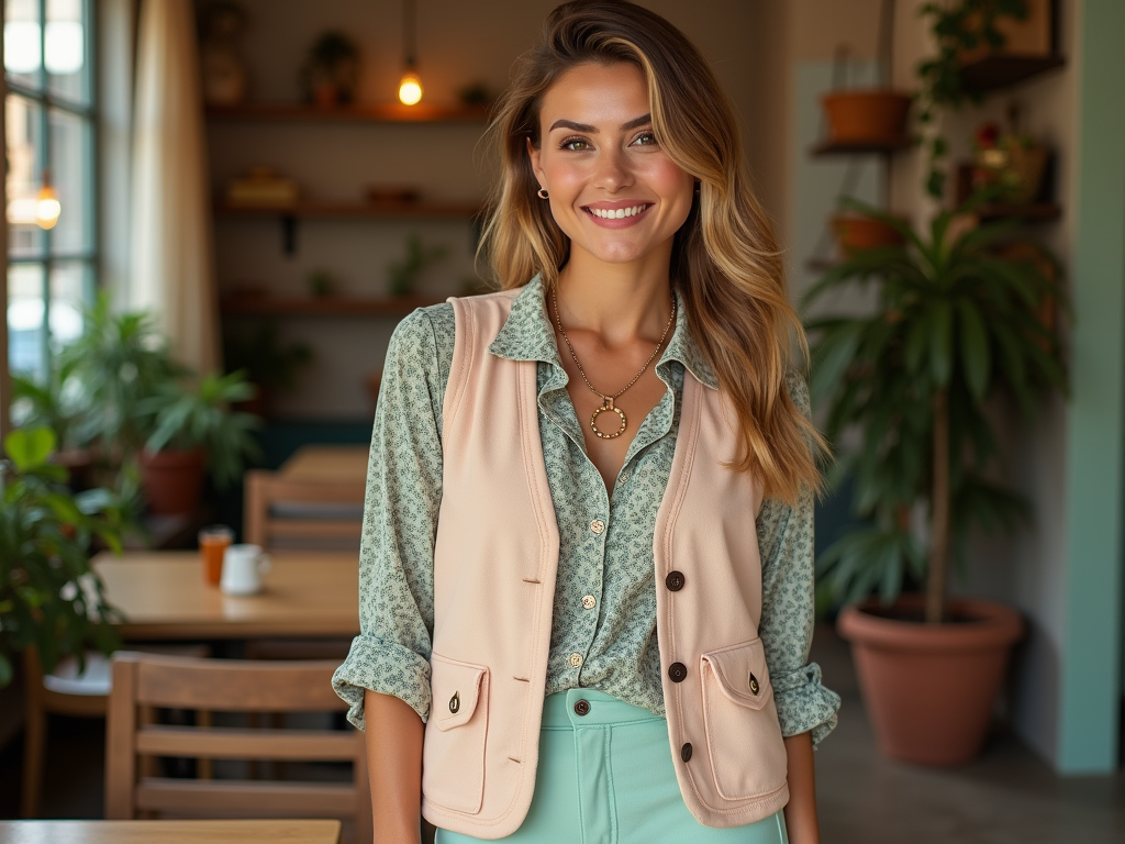 Smiling woman in floral shirt and pink vest standing in a cozy cafe with plants.