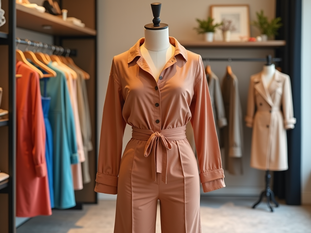 Mannequin in a boutique wearing an elegant rust jumpsuit with a tie waist, surrounded by other garments.