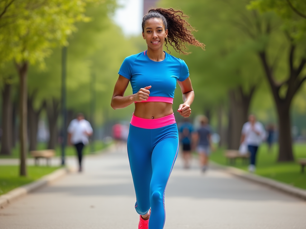 Young woman jogging in a park wearing blue and pink sportswear.